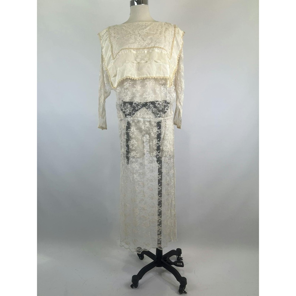 Vintage 80s Long Sleeve Sheer‎ Lace Bib Grunge Midi Dress